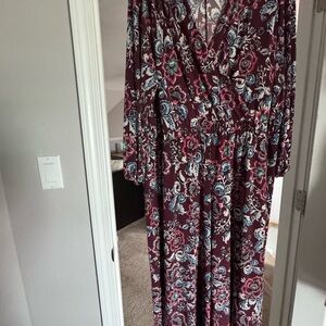 Lane Bryant Burgundy Floral Long Sleeve Dress